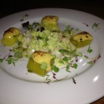 Poached Nantucket Scallops, Leeks, Green Cauliflower and Smoked Chipotle